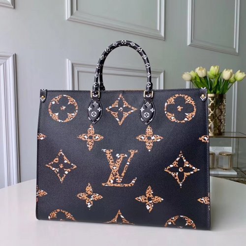 Louis Vuitton LV Jungle Monogram Giant Onthego Tote Bag M44674 Black and Caramel