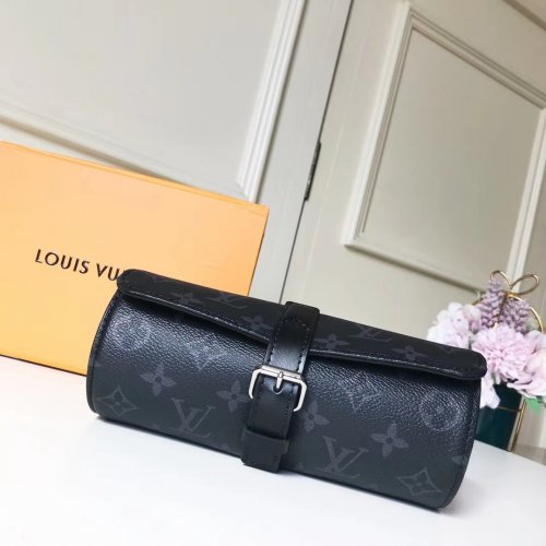 Louis Vuitton Designer 3 Watch Case Monogram Eclipse in Black- Travel M43385