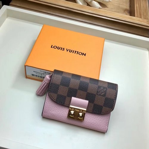 Louis Vuitton Damier Ebene Canvas Croisette Compact Wallet N60208 Magnolia Pink Louis Vuitton Damier Ebene Canvas Croisette Compact Wallet N60208 Magnolia Pink