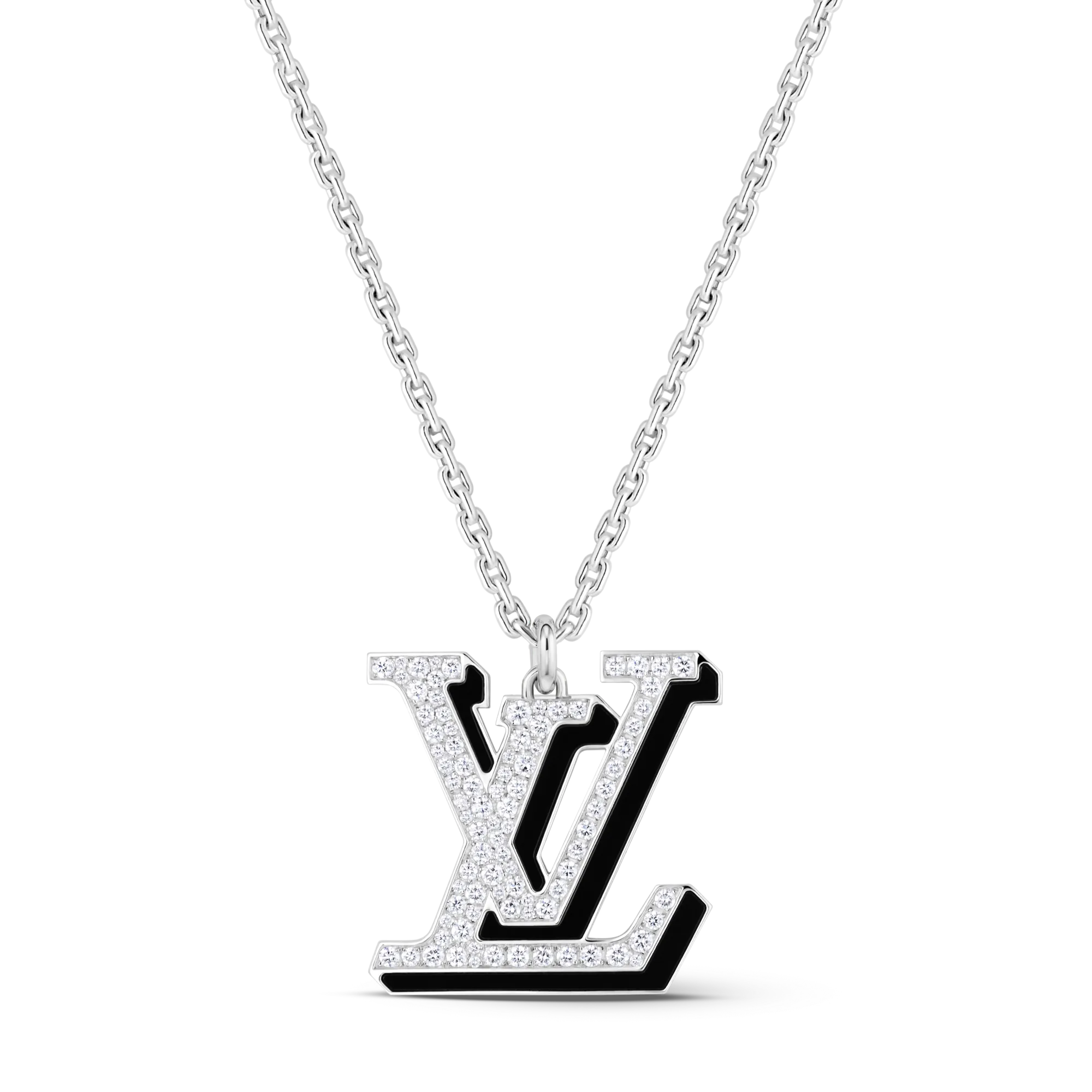 Louis Vuitton LV Large Pendant, White Gold, Diamonds and Black Lacquer Jewelry Q03740 Silver