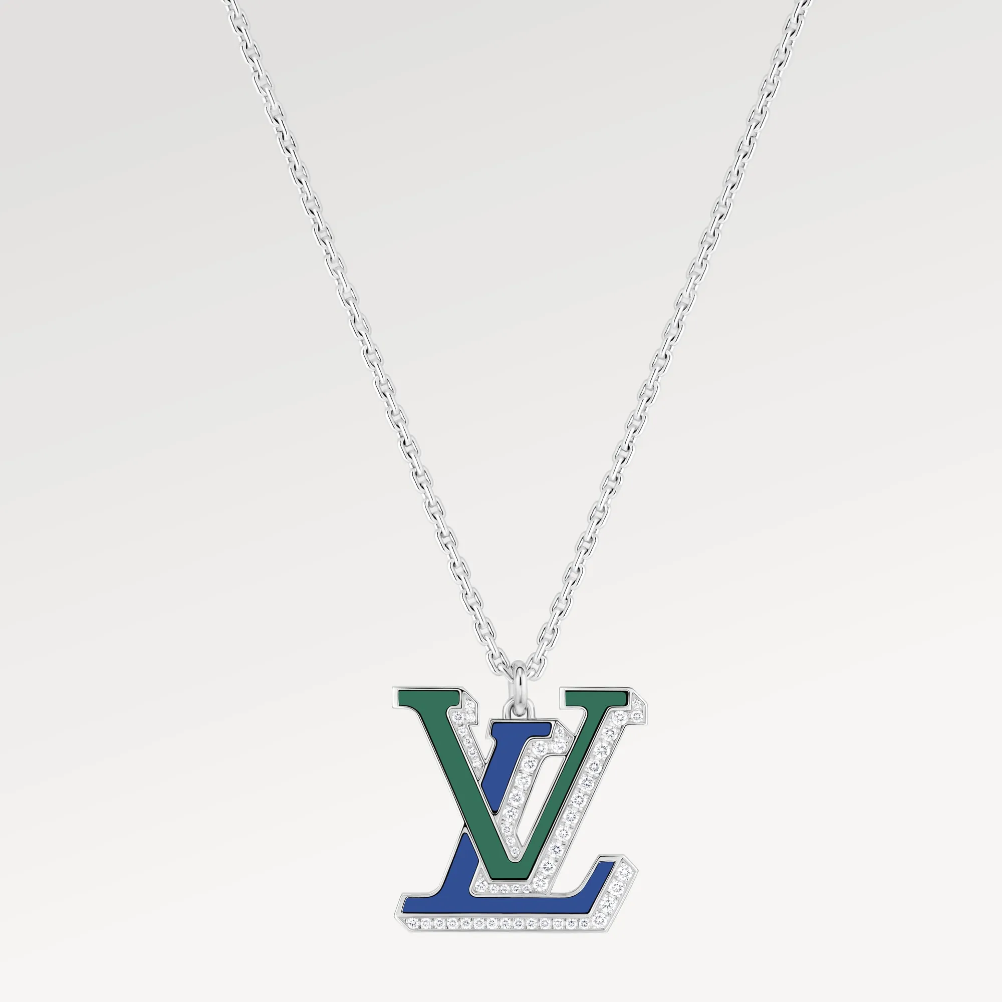 Louis Vuitton LV Large Pendant, White Gold, Diamonds, Blue Agate and Green Agate Jewelry Q03741 Silver