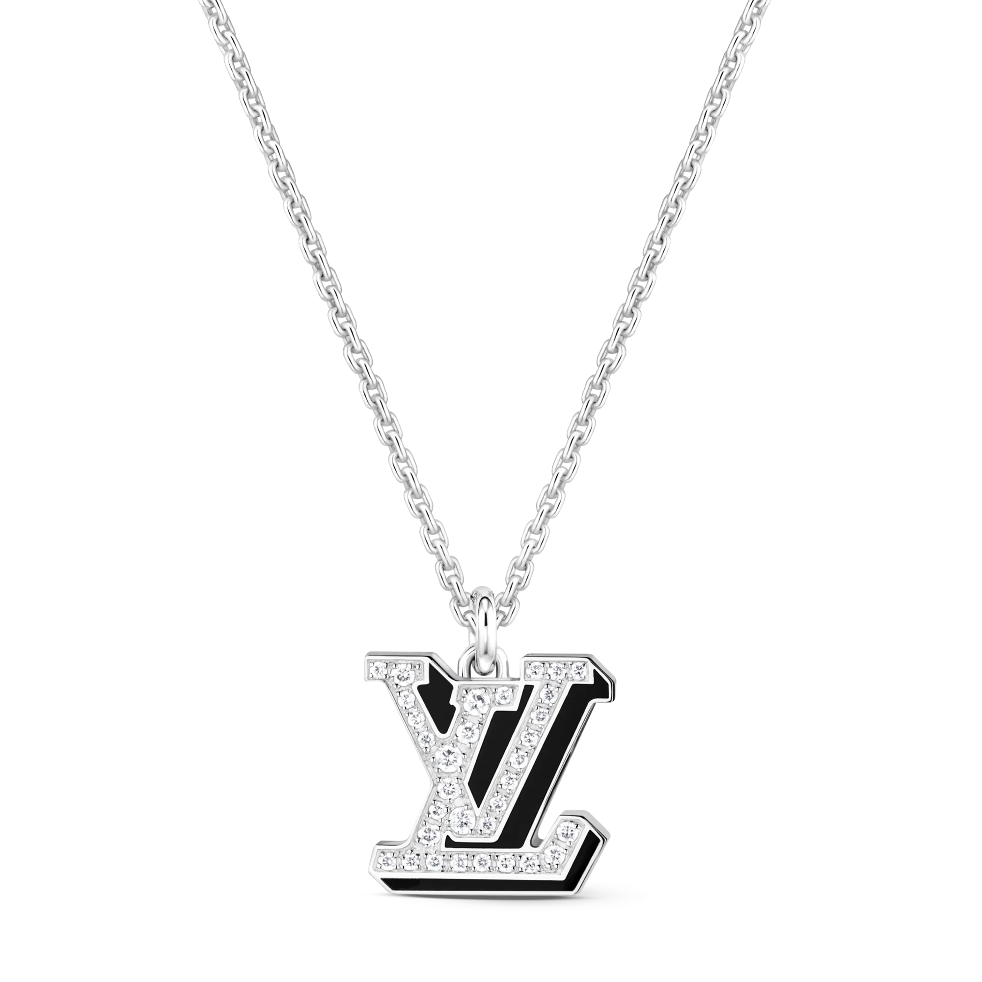 Louis Vuitton LV Medium Pendant, White Gold, Diamonds and Black Lacquer Jewelry Q03742 Silver