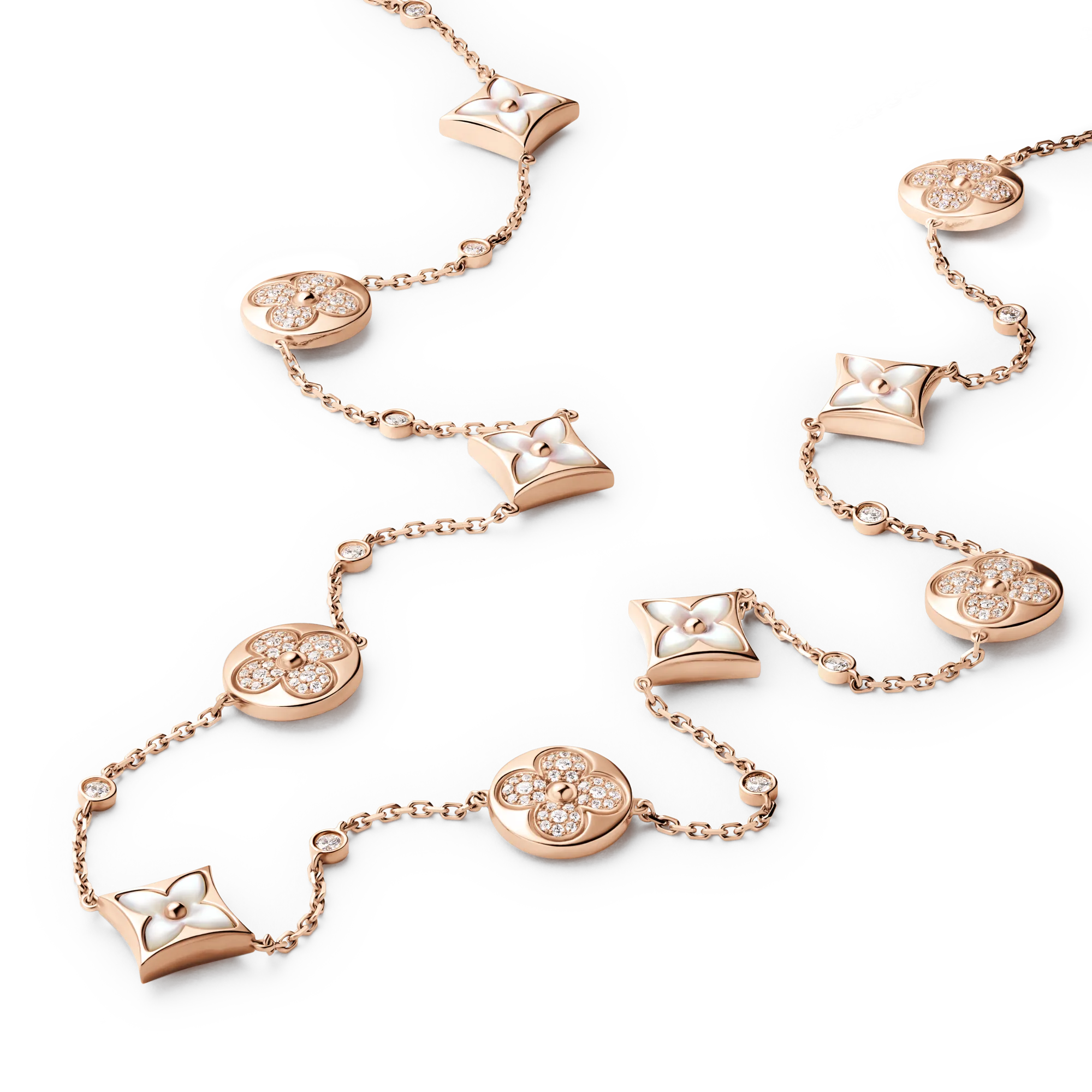 Louis Vuitton Color Blossom BB Star and Sun Multi - Motif Long Necklace, Pink Gold, White Mother - of - Pearl and Diamonds Jewelry Q04050