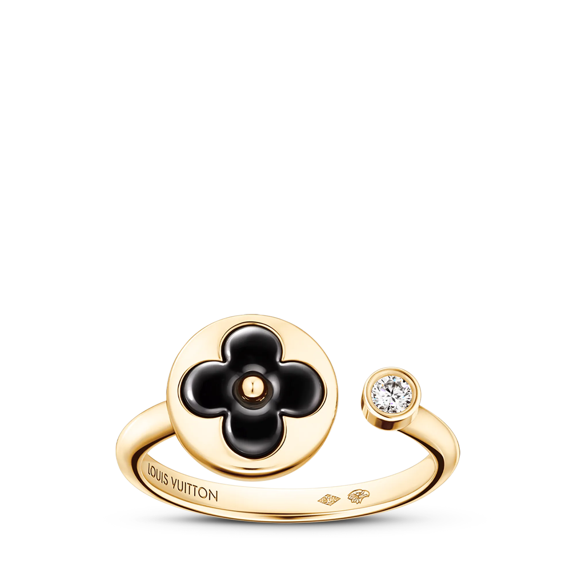 Louis Vuitton Color Blossom Mini Sun Ring, Yellow Gold, Onyx and Diamond Jewelry Q0S22A
