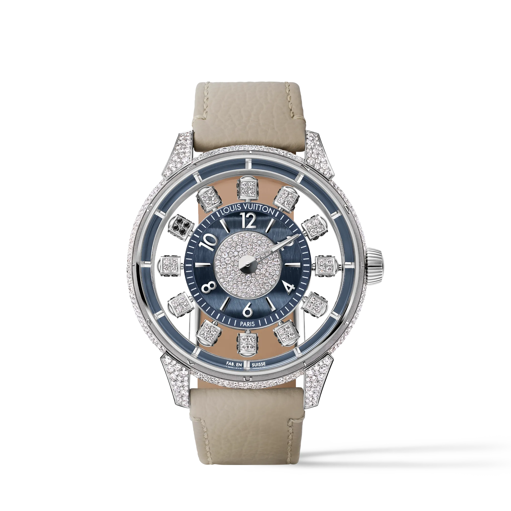 Louis Vuitton Tambour Taiko Spin Time Air, Automatic, 42.5mm, White gold, Hawk's eye and diamonds Watches - W9WG31 Silver