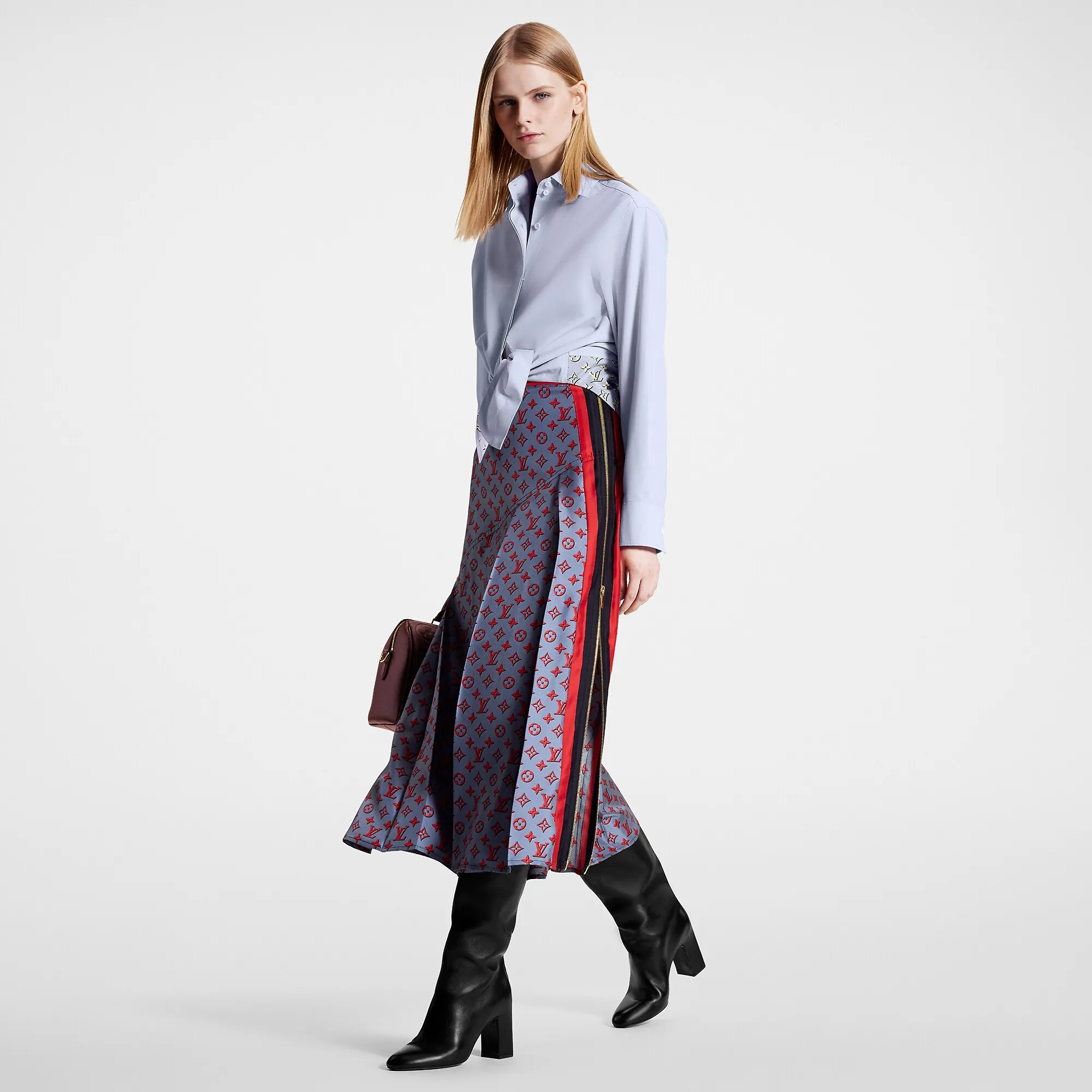 Louis Vuitton 3D Monogram Asymmetrical Pleat Midi Skirt - Women - Ready-to-Wear 1ABRRD Blue Grey