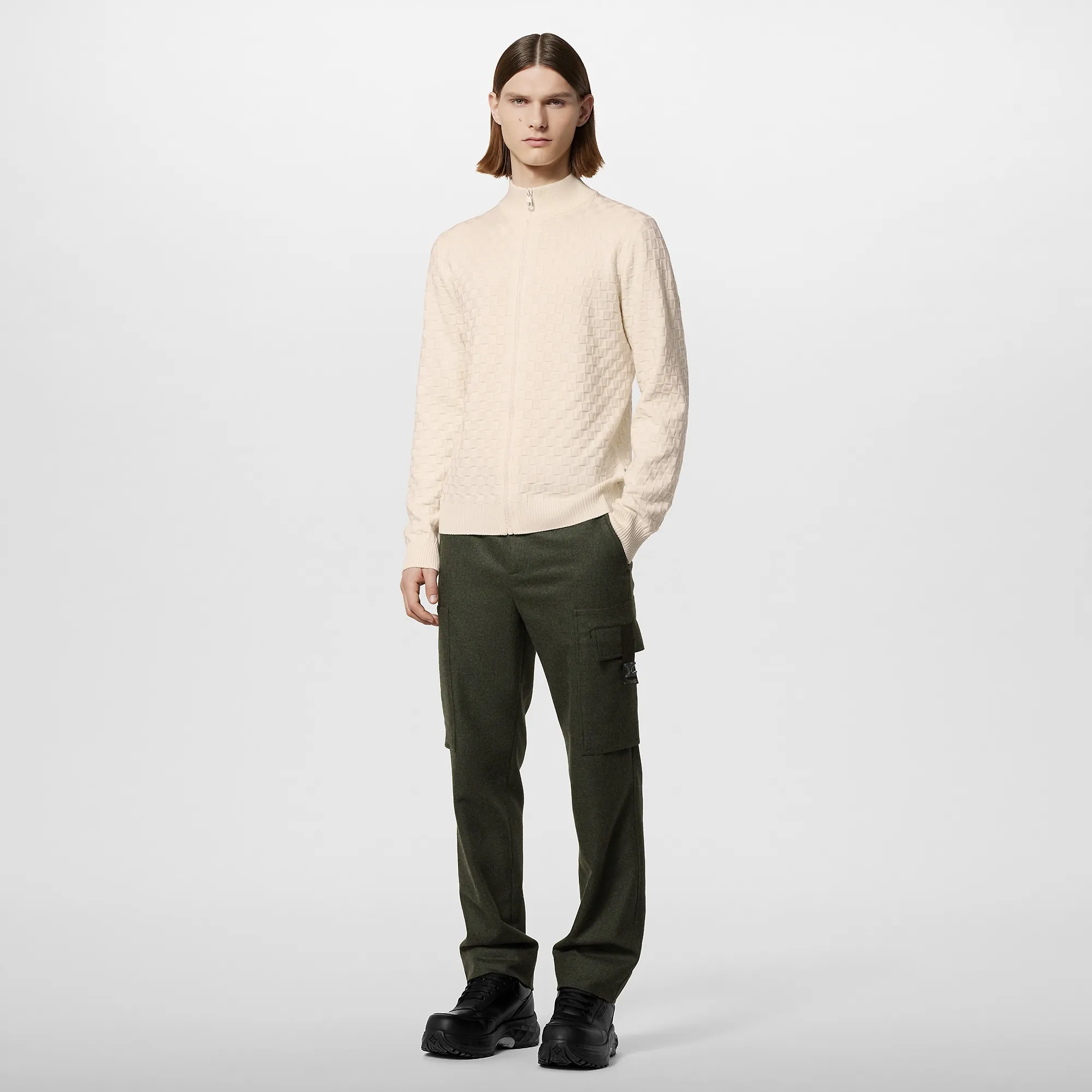 Louis Vuitton Damier Wool Zip-Through Cardigan - Men - Ready-to-Wear 1AF520 Ivory