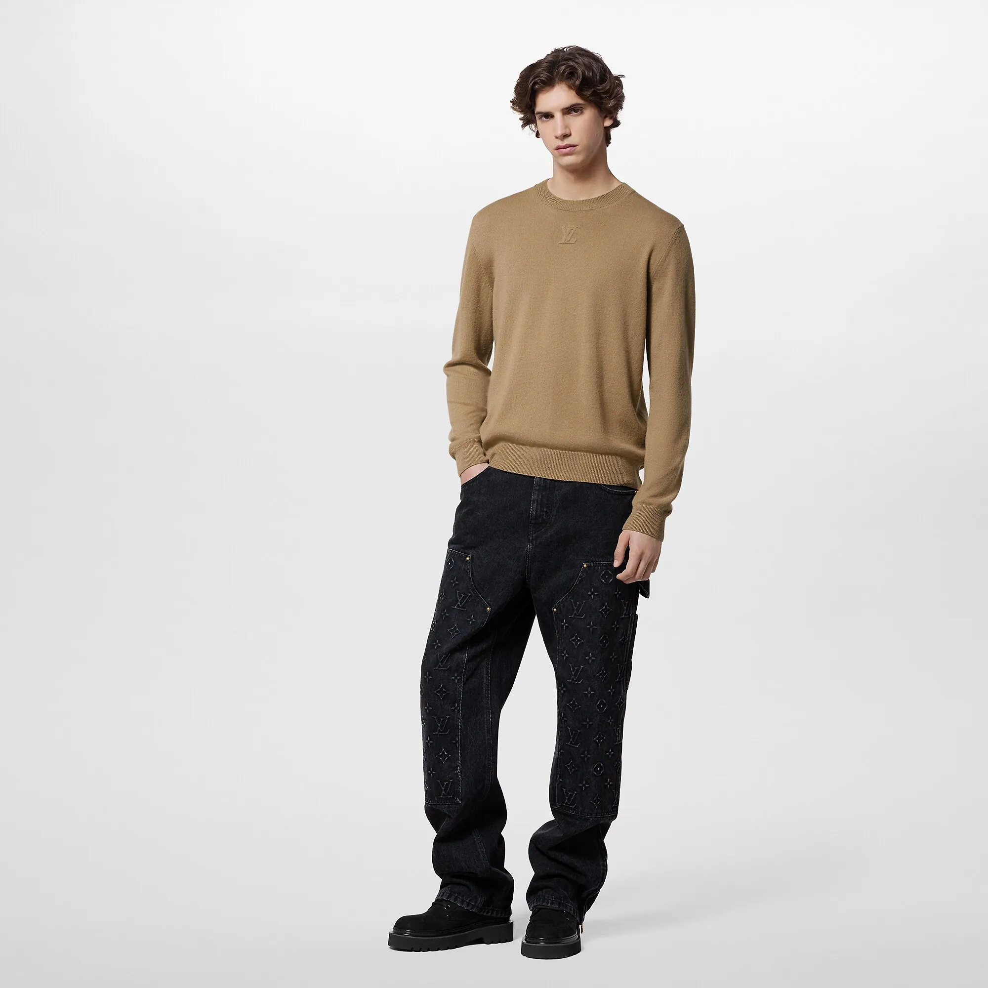 Louis Vuitton Embossed LV Cashmere Crewneck - Men - Ready-to-Wear 1AF659 Grey Beige