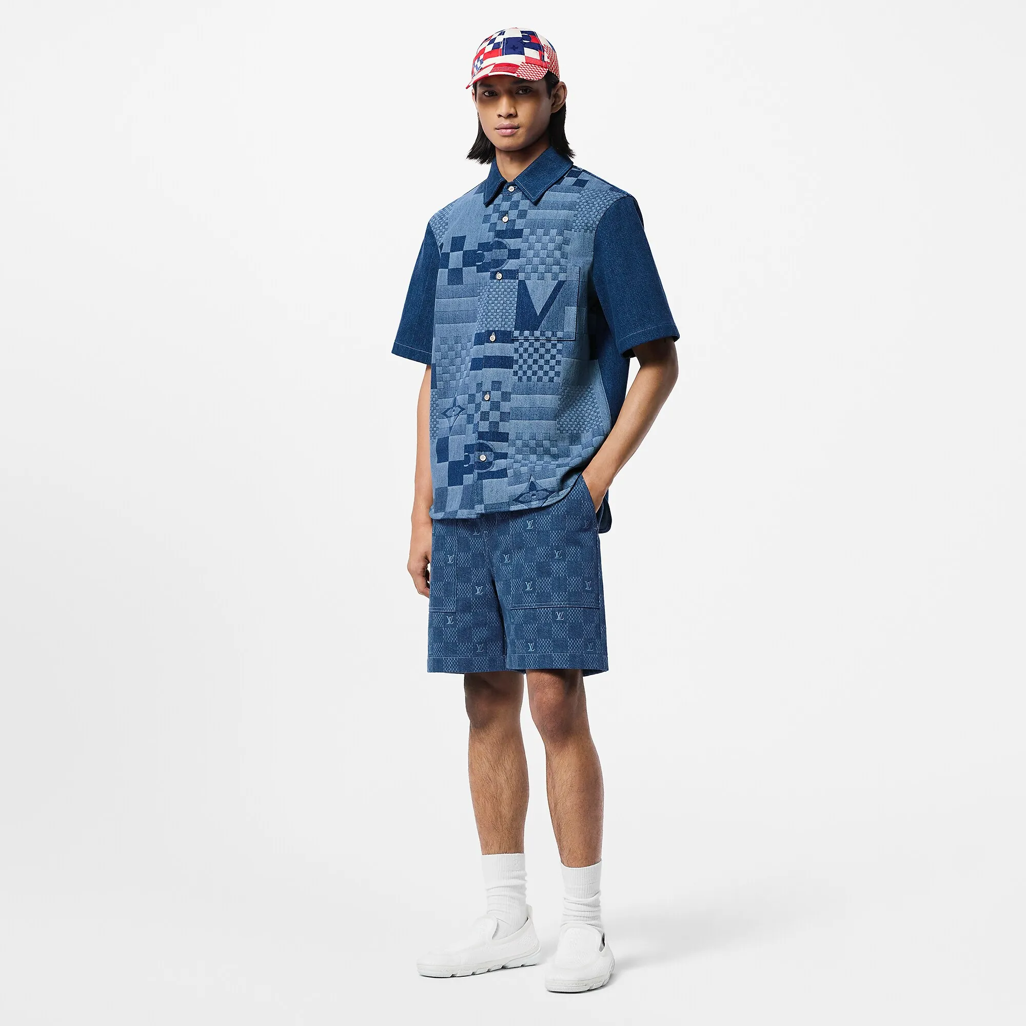 Louis Vuitton Embroidered Damier Denim Shorts - Men - Ready - to - Wear 1AFVO5