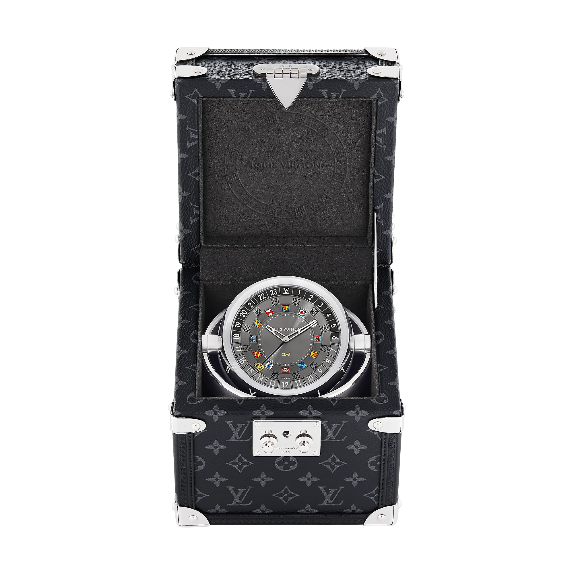 Louis Vuitton Trunk Table Clock, Quartz, 80mm, Steel, Monogram Eclipse - Watches - Traditional Watches Q1Q030