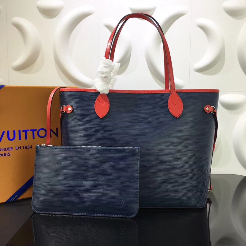Louis Vuitton Epi Leather Neverfull MM tote M54270 Indigo Coquelicot